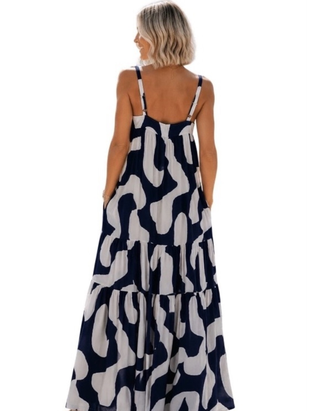 Abel The Label Maxi Dress L Navy White Abstract Tiered NWT Anthropologie Style - Picture 4 of 16